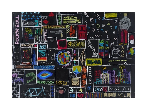 35. Яков Хорев «Asphalt exhibition». 2013. бумага, масляная пастель. 50,3×72 см. Эстимейт: 40 000 ₽